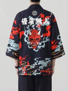 Bata con estampado de máscara de demonio Prajnaparamita de manga 3/4, Cárdigan suelto y oscuro indiferente para protección solar, Chaqueta kimono para hombres - Negro - Ver 2