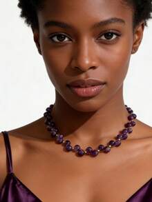 1pc Elegant Purple Crystal Necklace: Handmade Woven Purple Crystal Necklace, Purple Gemstone Necklace, February Birthstone, Refined Daily Necklace - Purple - View 4