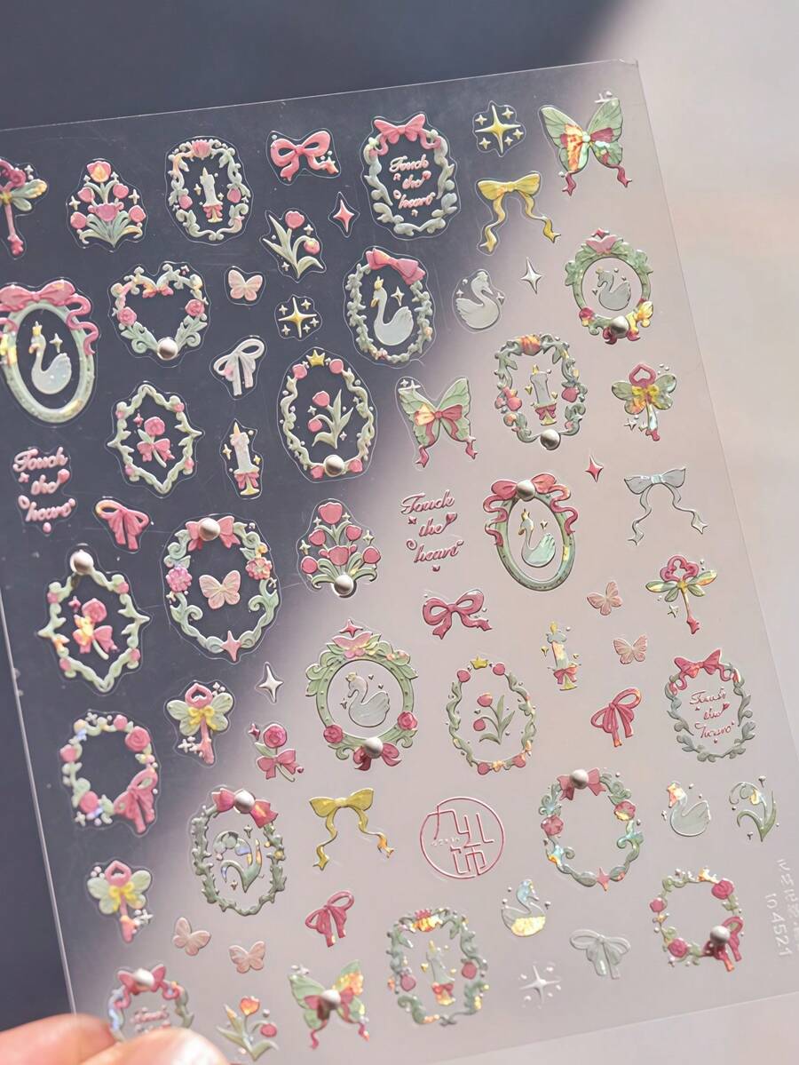 1pc 5D Crystal Diamond Nail Sticker, Pink Swan Flower Frame Butterfly Pattern, Self-Adhesive Nail Art Sticker, Cute DIY Decorative Accessory Nails Nail Stickers - Multicolor - View 1