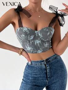 Áo hai dây ren rỗng thắt dây gợi cảm Vexica dành cho nữ, kiểu áo corset có gọng, thích hợp cho những buổi đi chơi mùa hè và mặc hàng ngày. - màu đen - Xem 3
