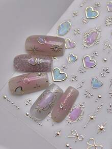 Bộ sticker dán móng tay 5D "Shining Galaxy" - Họa tiết trái tim, mặt trăng và nơ hologram với nhũ lấp lánh Aurora, dạng thạch tự dính, thích hợp cho việc trang trí móng tay DIY. - Nhiều màu - Xem 4