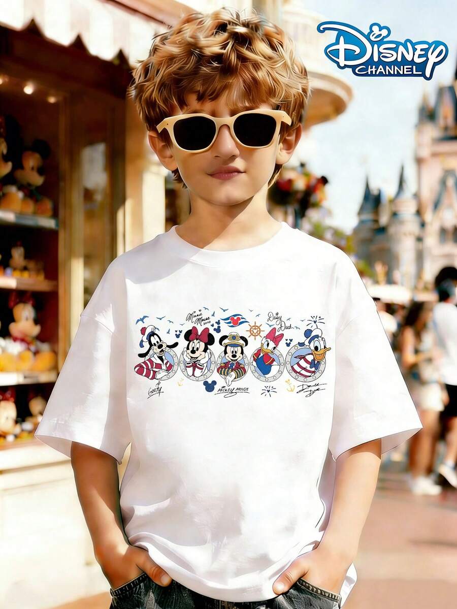 Disney Sailing Style T-Shirt, Featuring Classic Characters Such As Mickey Mouse, Donald Duck, And Minnie Mouse Transformed Into Sailors, Paired With Rudder And Signature Elements, Retro And Refreshing Print Pattern Summer Tops,Short-Sleeved Casual And Cute Style  Children's Clothing Design, Boy Clothes For Kids ,Ropa Para Niños,Boy Clothes For Kids,Graphic Tee, Summer Clothes,Perfect For Cool Boy. Comfortable And Breathable Children's Short-Sleeved T-Shirt. Comfortable And Casual Wear All Year Round 180g Pure Cotton Children's Clothes,Comfortable & Lightweight, Iconic Print For Mix-And-Match Outfits,Suitable For Both Boys And Girls. - White - View 1