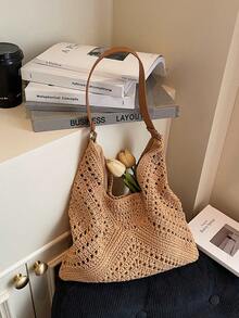 新款极简主义单肩编织手提包，女士款 - 卡其色 - 查看 4