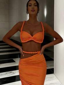 Women's Sexy Backless Camisole And Pleated Long Skirt Set, Summer Vacation Outfit - 橘色 - 查看 2