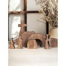 Wooden Easter Resurrection Scene & Cross Decor Set, Jesus Tomb Tray, Nativity Scene Decoration, Suitable For Religious Places, Home Office Desktop, Christian Gifts, Figurine Decor, Easter Dinner Table Decoration, Mothers Day Gift, Birthday Gifts For Moms - Brown - View 12