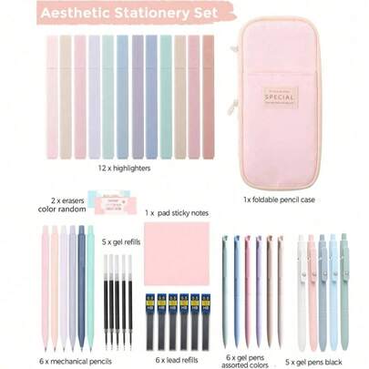 Deluxe Stationery Set, Including Large Capacity Pencil Case, 12 Fluorescent Highlighters, 6 Morandi Color Ballpoint Pens, 6 Black 0.5mm Ballpoint Pens, 6 0.5mm Mechanical Pencils, Sticky Notes, Eraser. Suitable For Students (Both Male And Female), Multi-Functional Learning Supplies, Including Stationery Set, Pencil Case, Backpack, Etc. Essential For Back To School