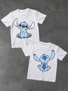 Official Authorization Disney Lilo & Stitch Front Back Print Kids T-Shirt, Boys Girls Cute Stitch Graphic Short Sleeve Tee, Summer Casual Tops For Daily Wear Theme Park, Children's Clothing Holiday Gift - trắng - Xem 3
