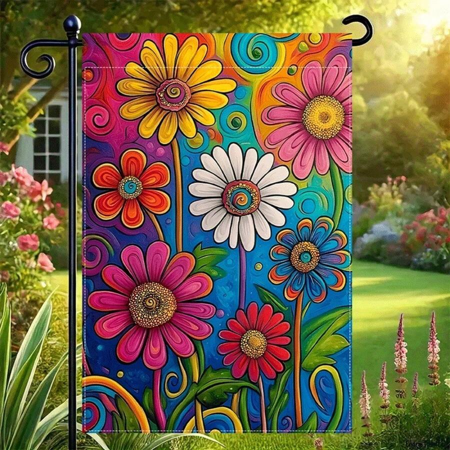 2D Flat - 2D Flat - 1pc A Lively Floral Garden Flag - A Double-Sided Burlap Yard Ornament, Measuring 12X18 Inches, Featuring A Colorful Daisies Design Suitable For Outdoor Seasonal Decor In Spring And Summer. Made From Durable Polyester - 1 lá cờ - Xem 1