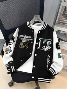 青少年男孩 1件休閒運動拼接色棒球夾克，秋冬款 - 黑色 - 查看 4
