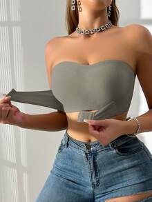 1 chiếc áo ngực nữ có gân, cài trước, có đệm mút, kiểu quây không dây, có thể thay thế miếng đệm ngực theo ý thích. - Xám - Xem 3