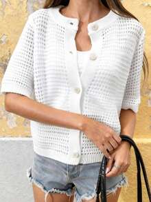 Áo khoác cardigan dệt kim tay ngắn cổ tròn mới mùa hè của FOR BEAUTY, áo nữ dáng rộng khoét lỗ mỏng cài nút màu trắng, kiểu dáng thường ngày đa năng, phù hợp cho đi mua sắm, dạo phố, dã ngoại, lễ tốt nghiệp, tiệc tùng mùa xuân. - trắng - Xem 3