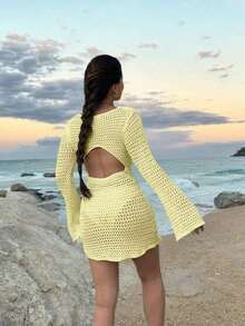 Women's Solid Color Sexy Hollow See-Through Backless Design Long Sleeve Coverup Crop Dress, Suitable For Beach Vacation, Spring/Summer White - 淺黃色 - 查看 7