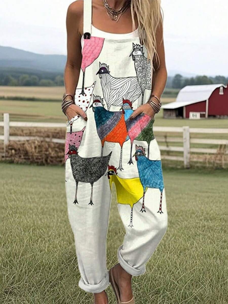 Hand-Painted Colorful Chicken All-Over Print Women's Adjustable Strap Jumpsuit, Polyester Fiber Fabric, Lightweight And Breathable, Women's Clothing, Standard Size Jumpsuit, Plus Size Women's Clothing, Plus Size Jumpsuit And Romper, Plus Size Jumpsuit - Nhiều màu - Xem 1