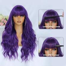 Dark Purple Wig with Bangs for Women 26 Inch Long Wavy Purple Wigs Synthetic Heat Resistant Wig for Daily Party Use - Morado oscuro - Ver 6