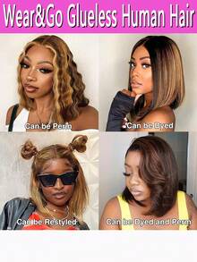 Highlight 100% Human Hair Bob Wigs 5x5 Glueless Lace Wig Human Hair HD Lace Frontal Short Straight Lace Front Wigs For Women Pre Plucked Glueless Free Part 180% Density Honey Blonde With Brown Wig For Party, Cosplay, Daily Use - P4/27--Glueless Lace - 查看 8