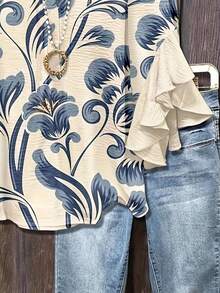 Blusa con cuello de volantes con estampado floral, de tela de poliéster, adecuada para vacaciones, uso diario, viajes, primavera/verano - Azul - Ver 11