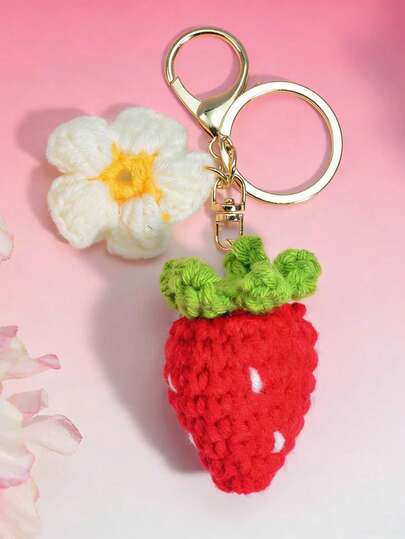 1pc Simple And Luxurious Knitted Cherry Strawberry Keychain, Exquisite Fruit Bag Car Pendant, Eye-Catching Girl's School Bag Decoration Gift, Suitable For Mother's Day Gift, Valentine's Day Gift, Labor Day Gift, Children's Day Gift