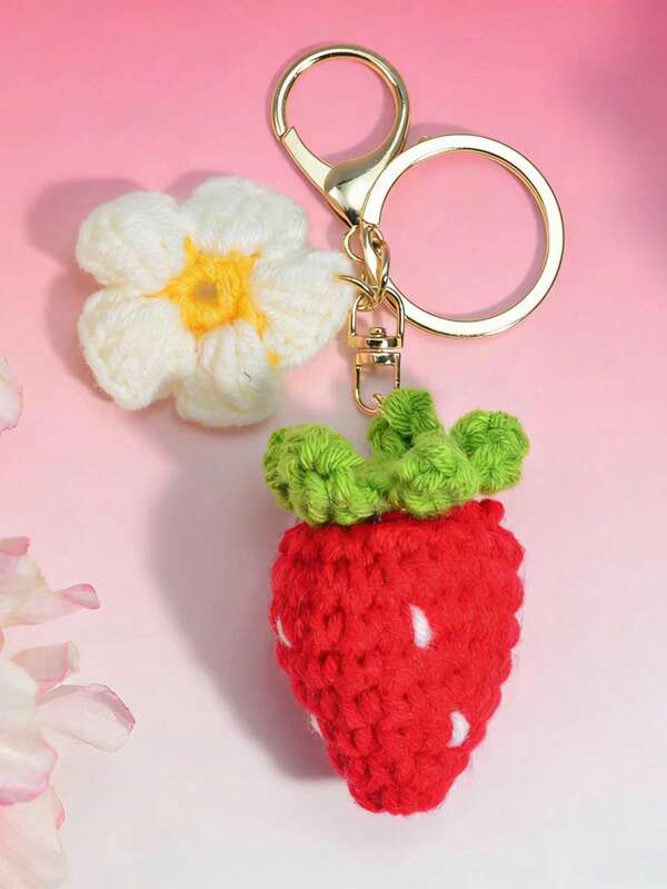 1pc Simple And Luxurious Knitted Cherry Strawberry Keychain, Exquisite Fruit Bag Car Pendant, Eye-Catching Girl's School Bag Decoration Gift, Suitable For Mother's Day Gift, Valentine's Day Gift, Labor Day Gift, Children's Day Gift