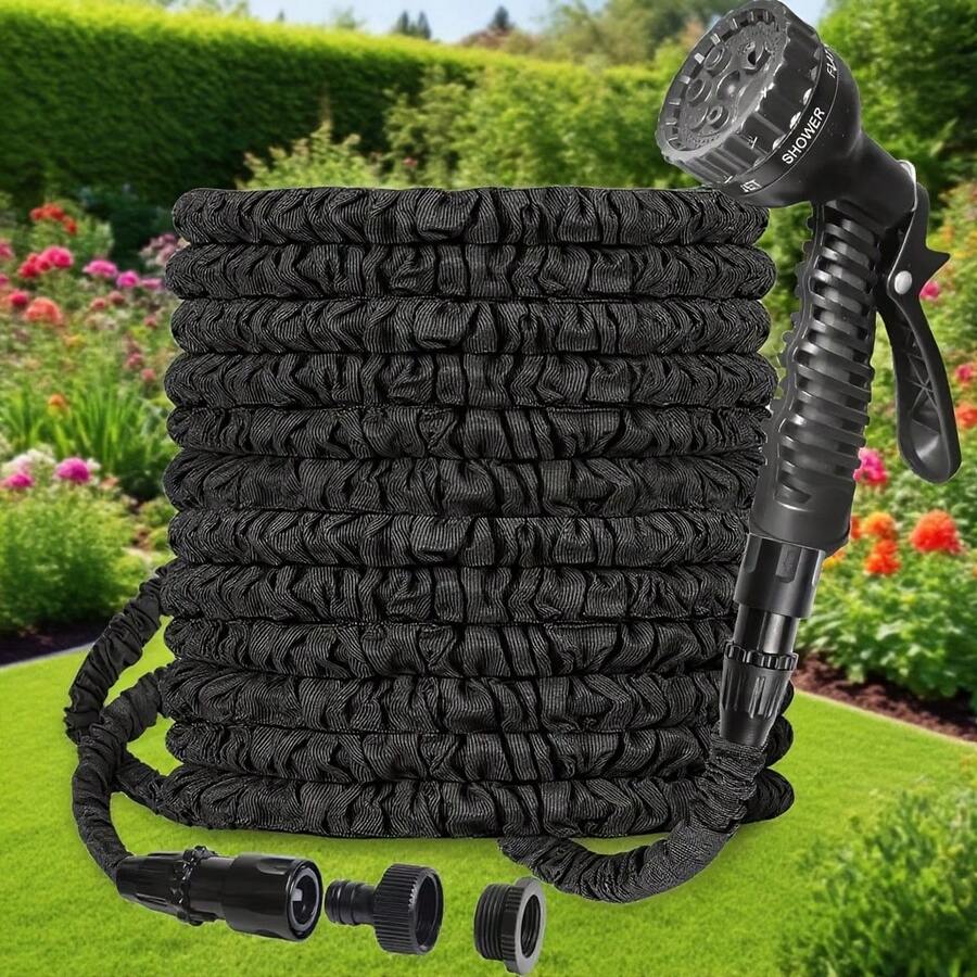 Manguera de jardín expandible, manguera resistente al agua con función de expansión de 3 pliegues, incluye pistola rociadora y 7 ajustes de función, color negro
