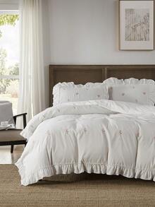 2/3件套优雅玫瑰刺绣床上用品套装，带荷叶边，包含被套和枕套（个），不含填充物（1个被套和1/2个枕套） - 白色 - 查看 2