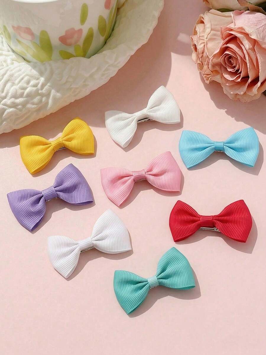 Conjunto de 8 presilhas de cabelo femininas em cores sólidas com laços delicados. Acessórios minimalistas e versáteis para o dia a dia, perfeitos para a primavera e o verão. - Multicolorido - Ver 1