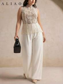 Aliao 大码优雅佩斯利刺绣透视无袖背心，网纱拼接，性感女式上衣，夏季穿搭，适合通勤、度假、浪漫婚礼季、情人节、优雅女士、海滩装扮、感恩节装扮、毕业典礼、返校季、节日装扮 - 杏色 - 查看 5