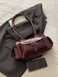 Minimalist Solid Color Shoulder Flap Bag, Classic Textured Crossbody Bag Purse For Women - Red - View 2