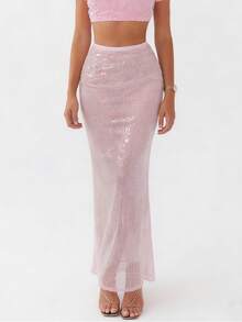 Women Sequin Maxi Skirt Low Rise See Through Sparkly Bodycon Long Mermaid Skirt Summer  Coquette Beachwear - 粉色 - 查看 1