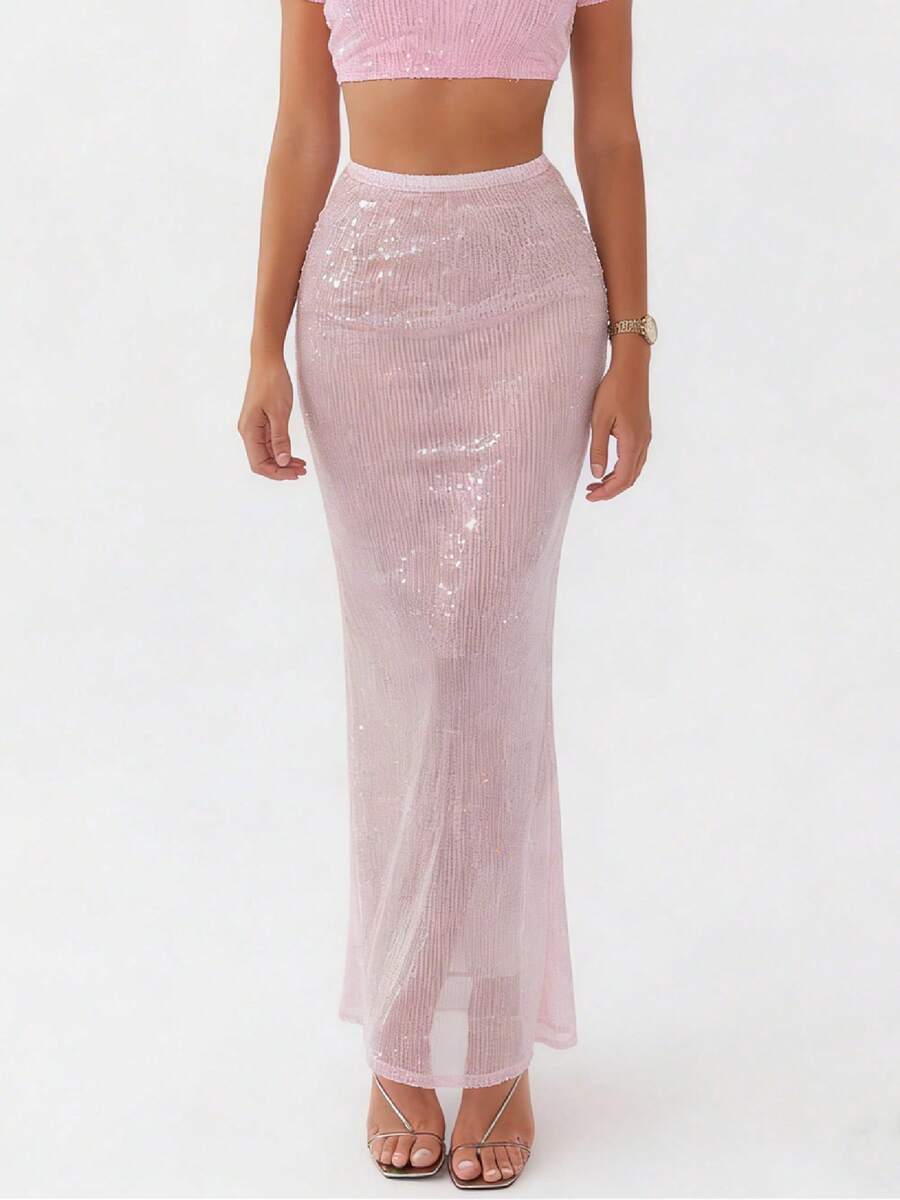 Women Sequin Maxi Skirt Low Rise See Through Sparkly Bodycon Long Mermaid Skirt Summer  Coquette Beachwear - 粉色 - 查看 1