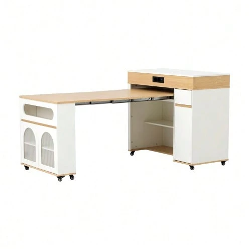 Kitchen Island With Wheels, Extendable Dining Table With Power Strips And Ribbed Glass, Sideboard With One Drawer, Serves As A Kitchen Island, Sideboard For Kitchen And Dining Room (White+Natural) - Khaki - View 1