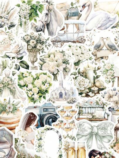 50 Stück weiße Blumen Hochzeit Graffiti Aufkleber, dekorative Aufkleber für Wasserflasche, Gitarre, Gepäck, Handy, Hülle, Laptop, Skateboard, Geschenk