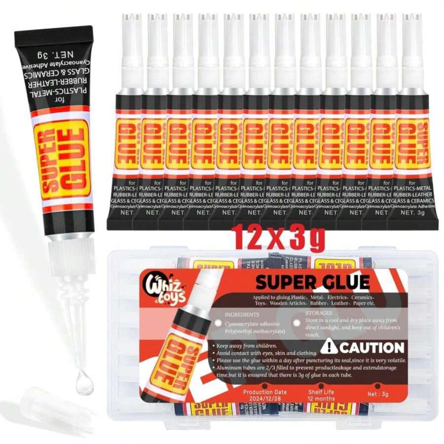 WhizToys Super Glue (12-Pack),Quick-Drying, Clear Liquid Super Glue For Plastic,Metal,Wood, Ceramic,Rubber And More,Strong Bonding Adhesive For Crafts,Repairs,DIY - ColorA - 查看 1