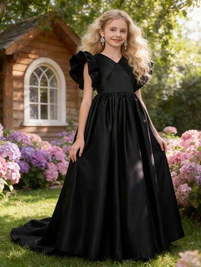 Tween Girls' Fashion Cap Sleeve Bridesmaid Wedding Party Flower Girl Princess Formal Dress, Suitable For Birthday, Graduation Ceremony, Prom