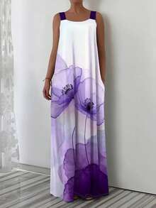 Floral Print Spaghetti Strap Vacation Dress Elegant Summer - Dark Purple - View 3