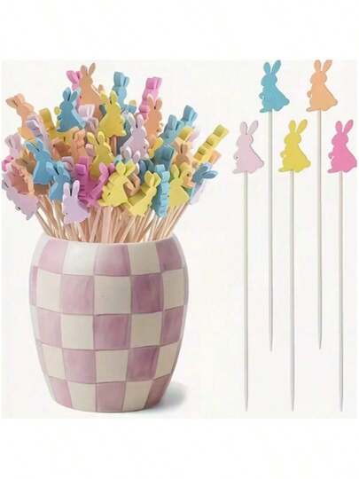 50/100pcs Rounded Tip Bamboo Rabbit Shaped Skewers, Suitable For Easter Egg Hunt Decor, Cake Decor, Fruit Skewers - Creative Party Sticks, Easter Decor, Birthday Party, Spring Event, Reusable And Washable