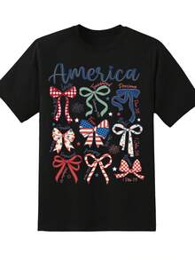 Women's "America Loves Treasured Precious" Patriotic T-Shirt With Bow, Independence Day/Quarter-July Celebration Clothing, Stars And Stripes Design In Red, White, And A - 黑色 - 查看 4