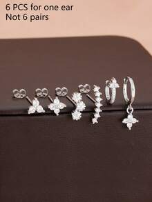 6Pcs Elegance Geometry Stud Earrings For Women Fashion Flower Star Petal Cartilage Hoop Earring Piercing Ear Jewelry Suitable For Holiday Parties, Fashion Accessories - Silver - View 6