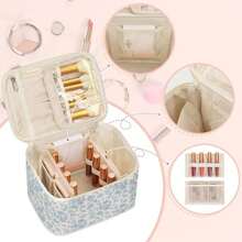 Travel Makeup Bag Cosmetic Bags for Women Makeup Case Organizer Large Capacity Travel Toiletry Bag Storage Bags with Divider and Handle for Cosmetics Toiletries Brushes Tools-Blue Floral - 001Floral azul - Ver 3