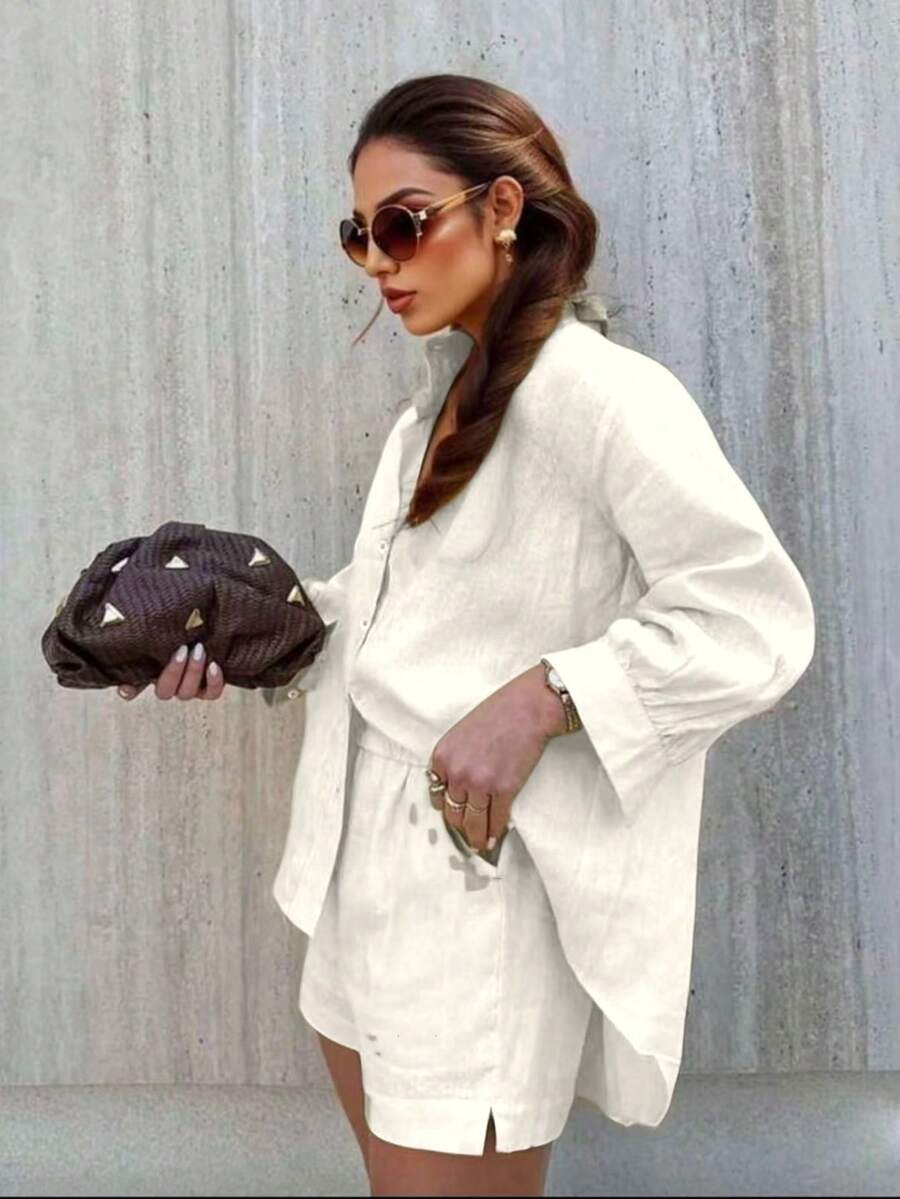 Spring And Summer - Shirt Set - Shirt + Bottoms - Linen Fabric - trắng - Xem 1