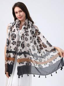 1pc Elegant Women's Leopard Print Scarf/Shawl, Fashionable Tassel Design Versatile Headscarf, Suitable For Vacation, Party, Travel, Matching Dresses And Daily Wear - Black Beige - View 1