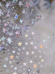 1片5D星星美甲贴纸，白色、粉色、蓝色、激光银、金色星星美甲贴纸，不对称星星美甲贴纸，自粘美甲用品及装饰品，女士适用 - 彩色 - 查看 3