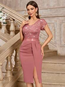 MIUSOL Elegant Sequin Lace Puff Sleeve Ruched Split Thigh Cocktail Party Bodycon Dress,Semi Formal Women Dress,For Wedding Guest, Graduation, Dinner - Dusty Pink - View 7
