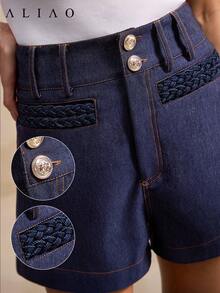 Quần short denim cạp cao màu chàm Aliao, quần short ôm sát gợi cảm phong cách retro mùa hè, quần short có túi, trang phục đa năng phong cách bohemian cho lễ hội âm nhạc, bãi biển dành cho nữ. - Màu xanh hải quân - Xem 2