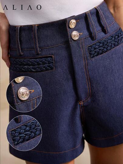Aliao 靛蓝水洗高腰牛仔短裤，夏季复古性感修身口袋短裤，波西米亚音乐节沙滩百搭女装