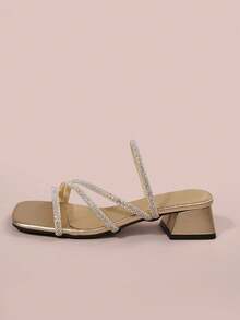 Sandal Hak Tebal Berhiaskan Rhinestone Gaya Prancis, Desain Musim Panas Terbaru dengan Tali Tipis, Melangsingkan, Modis, Serbaguna, Hak Tinggi yang Elegan - Emas - View 3
