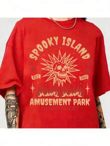 Spooky Island Amusement Park T-Shirt, Retro 2000s Halloween Movie Shirt, Disco Skull, Summer Spooky T-Shirt, 90s Nostalgia Halloween Tee For Halloween - 紅色 - 查看 4