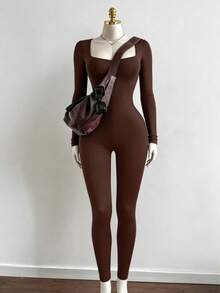 Black U-Neck Long Sleeve Jumpsuit, Suitable For Spring And Autumn Elegant Brown - Brown - View 6