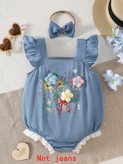 Bộ áo liền quần cho bé gái và trẻ nhỏ, chất liệu vải dệt mềm mại, thoải mái, họa tiết hoa, kèm băng đô nơ 3D, thích hợp mặc ngoài trời, mùa xuân/hè.