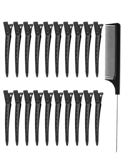 20pcs Hair Sectioning Clips With Styling Comb, 3.5 Inches Duckbill Hair Clips Metal Crocodile Hairdressing Curl Clips Metal Hair Clips, Duck Beak Clips, With 1pcTail Comb, For Women Hairdressing And Make-Up