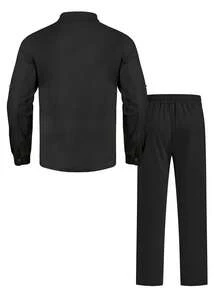 1 Set Men's Lightweight Loose Fit Basic Outfit, Light Blue Long Sleeve Button-Up Collared Shirt + Straight Leg Pants, Summer - Black - View 3